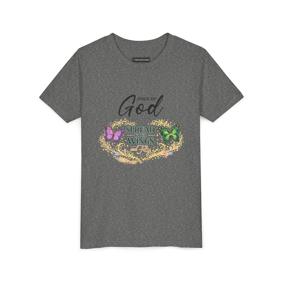 縮圖：Child of God Youth Tee – "Spread Your Wings and Fly" Butterfly Christian T‑Shirt