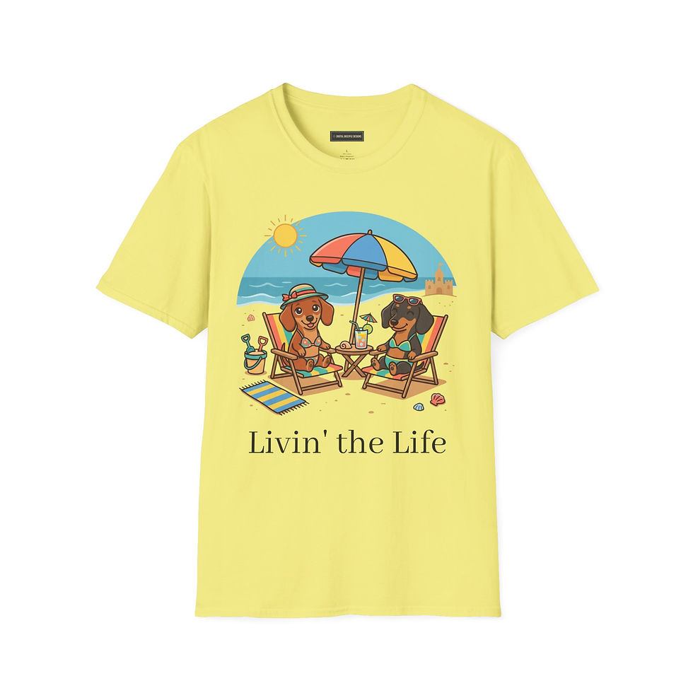 תמונה ממוזערת: Beach Dogs Graphic T-Shirt – 'Paws & Parasol' Summer Tee