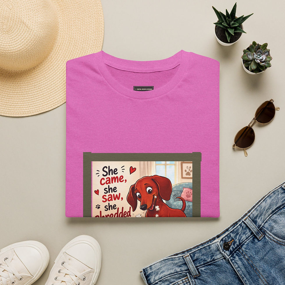 Pikkukuva: Dachshund T-shirt — "She Came, She Saw, She Shredded" Dachshund Graphic Tee