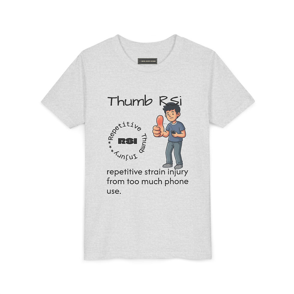 Thumbnail: Youth Tee — "Thumb RSI" Funny Repetitive Strain Injury Phone Use Graphic