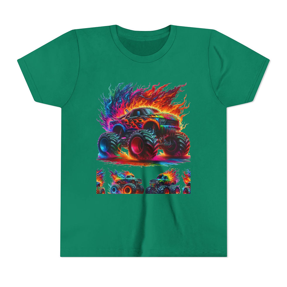 الصورة المصغرة: Youth Tee — Rainbow Flame Monster Truck Graphic Shirt