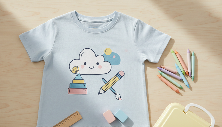Close-up of a cheerful kids tee with school supplies nearby