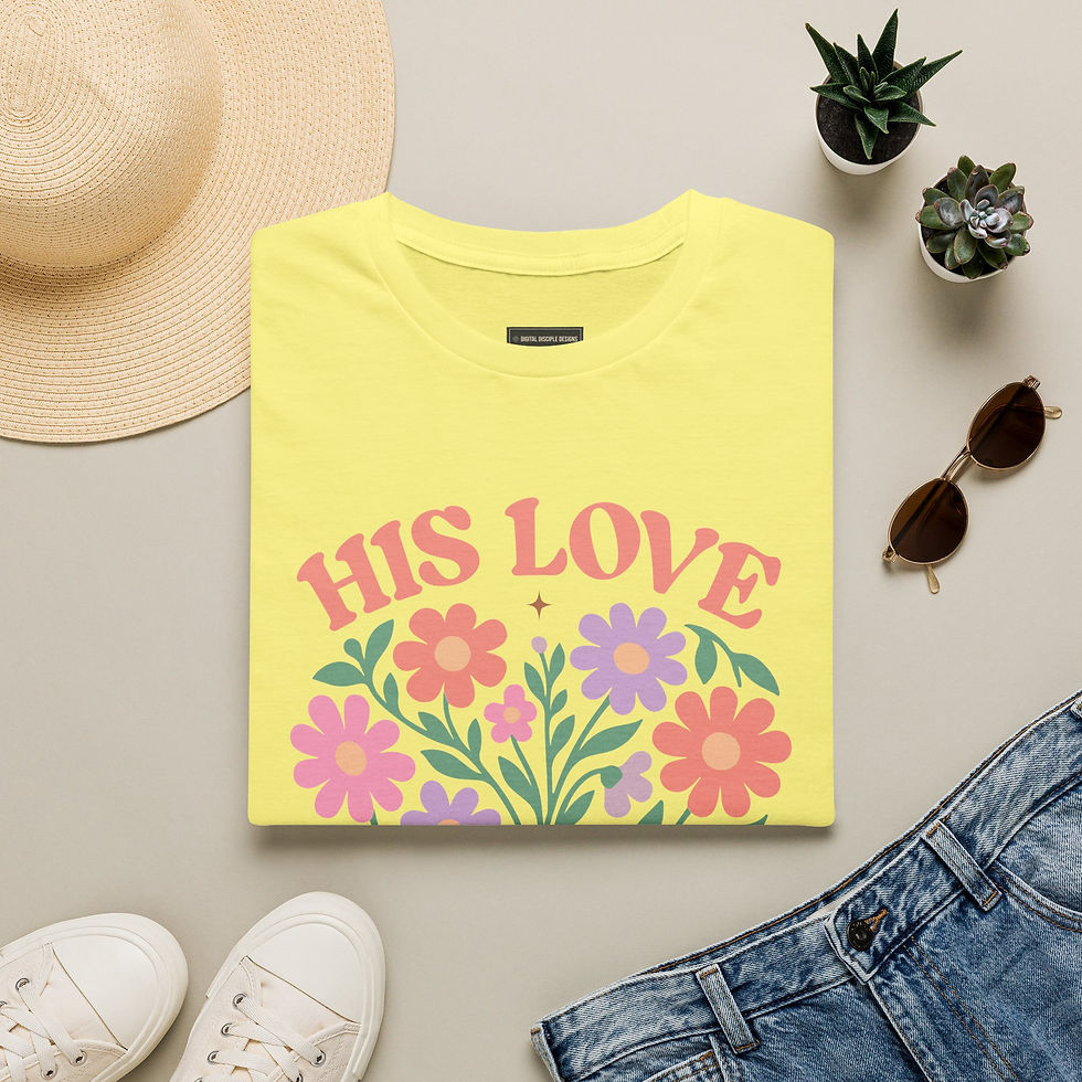 Pikkukuva: His Love Floral T-Shirt — “His Love Never Fails” Christian Tee