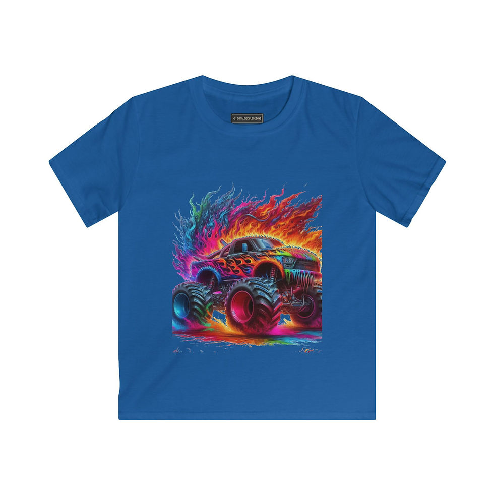 Thumbnail: Kids Monster Truck T‑Shirt — Colorful Flaming Wheels Tee