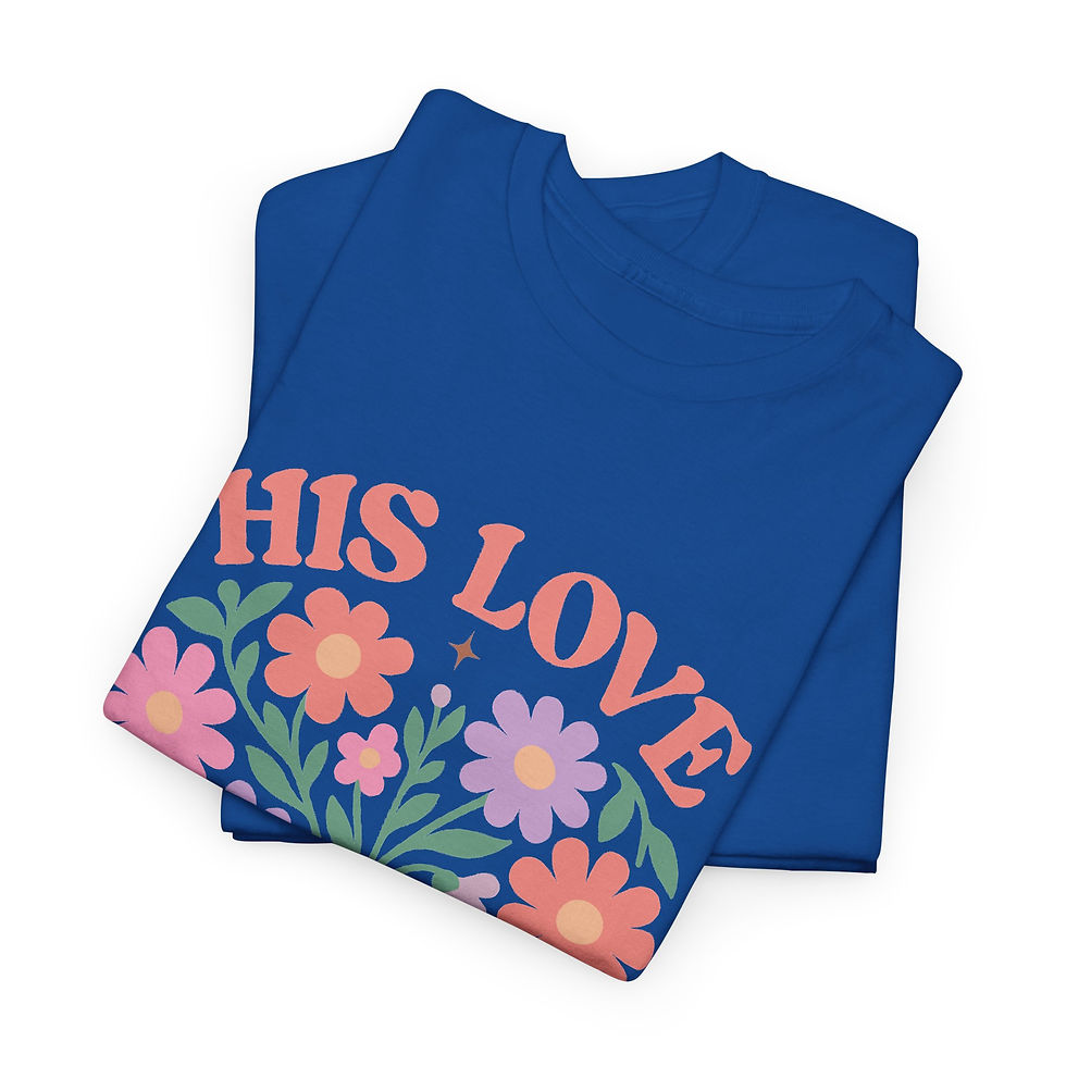 Miniatura: His Love Never Fails Floral HW Tee — 1 Corinthians 13:8 Christian T-Shirt