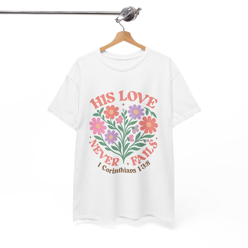 Miniatura: His Love Never Fails Floral HW Tee — 1 Corinthians 13:8 Christian T-Shirt