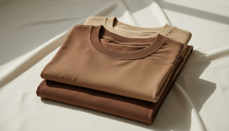 Eye-level view of two stacked heavy weight tees in havana and sand.