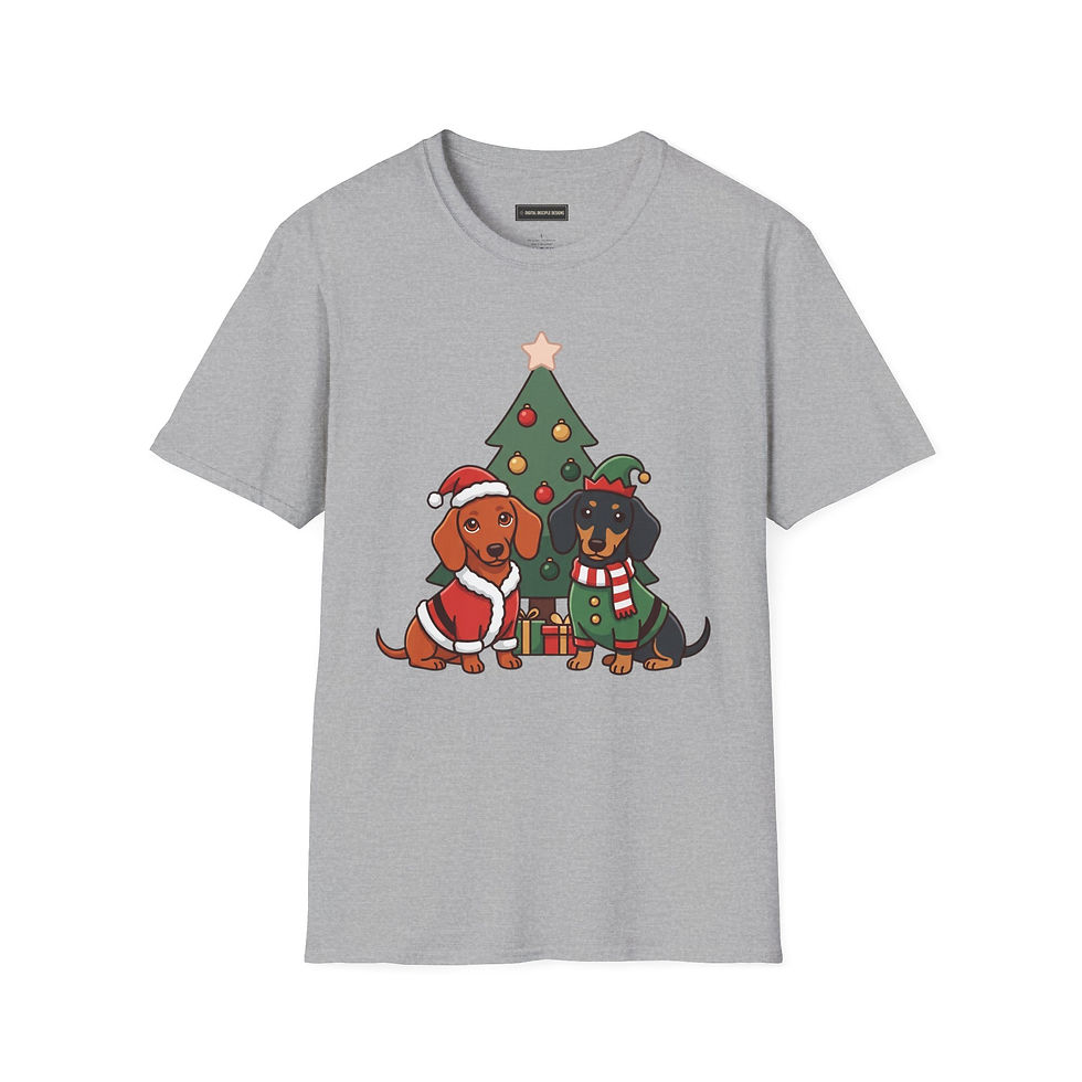 תמונה ממוזערת: Christmas Dachshund T-Shirt – Cute Dogs by Christmas Tree Holiday Tee
