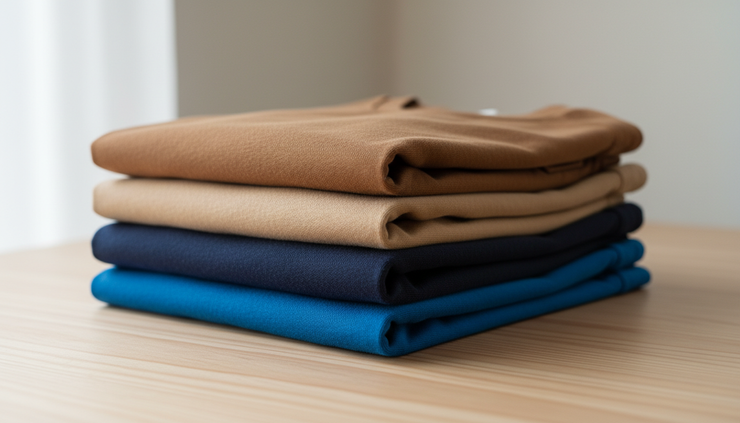Close-up view of folded heavy weight tees in neutral colors.