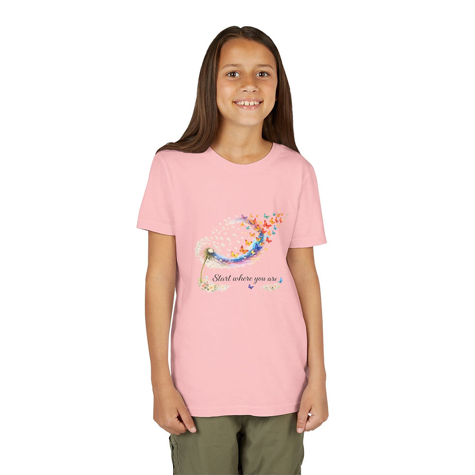 Miniature : Youth Tee – 'Start Where You Are' Rainbow Dandelion Butterfly Graphic