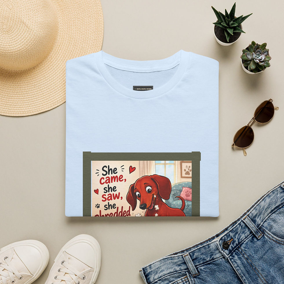 Pikkukuva: Dachshund T-shirt — "She Came, She Saw, She Shredded" Dachshund Graphic Tee