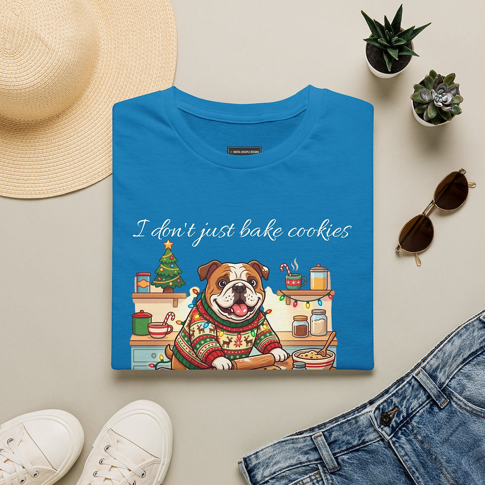 Miniatura: Christmas Baking Bulldog T-Shirt — "I don't just bake cookies" Holiday Tee