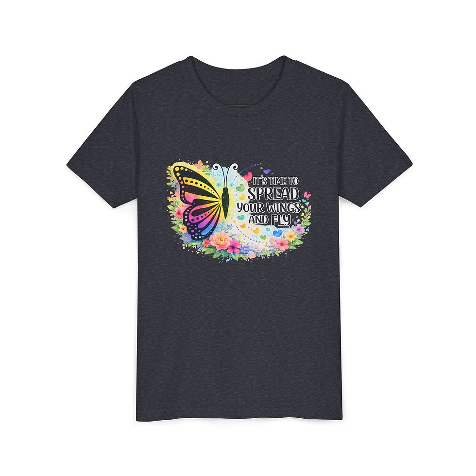 縮圖：Youth Tee — "Spread Your Wings and Fly" Colorful Butterfly Inspirational Shirt