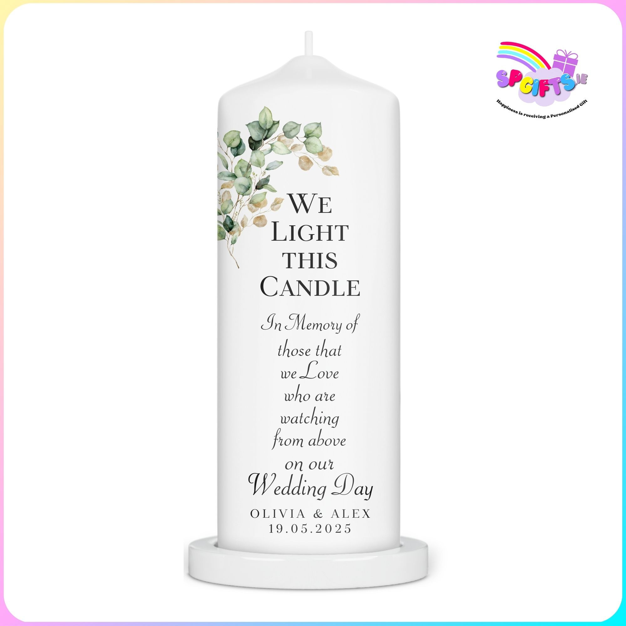 Wild Eucalyptus Wedding Memorial Candle with personalised names and date