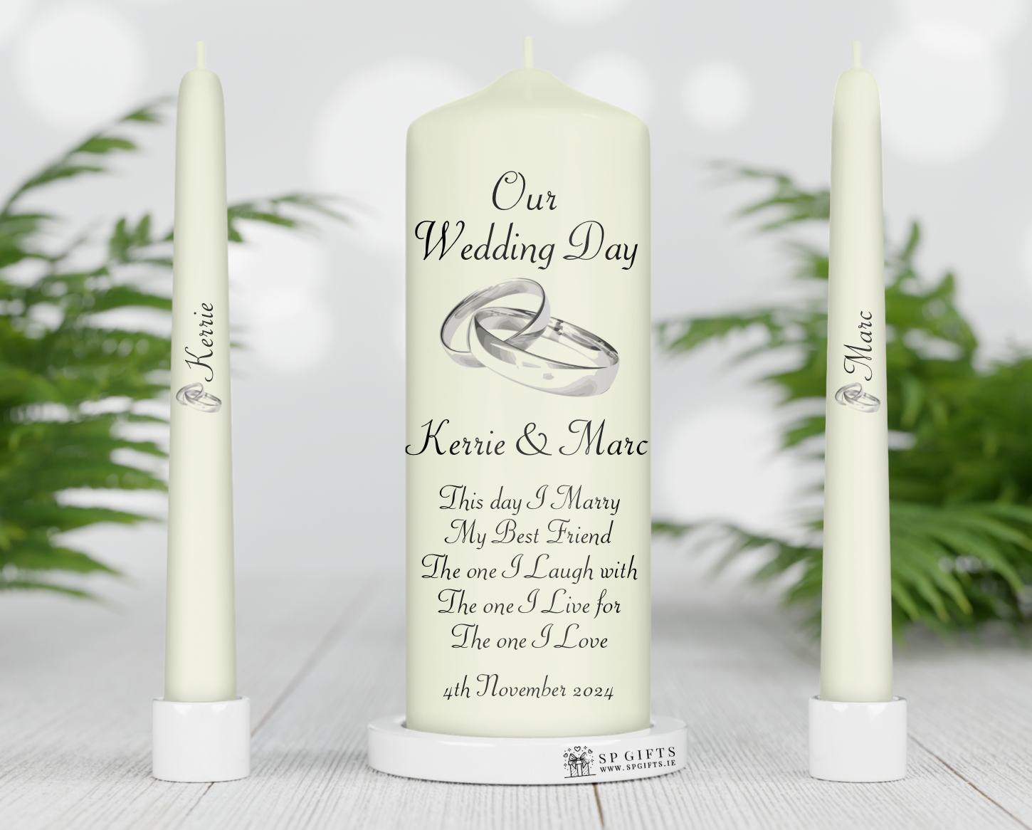 Main pillar and taper candles with personalised names and wedding date