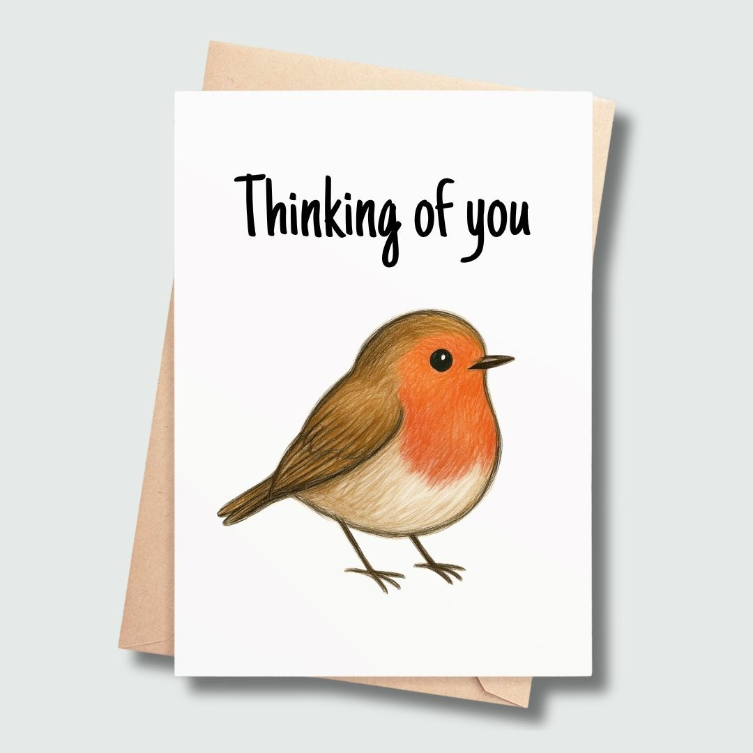 Thinking of You greeting card featuring Rory the Robin on a simple white background.