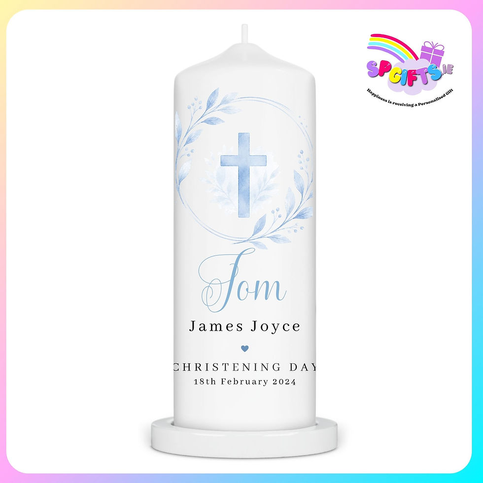 Blue watercolour cross personalised Christening candle with optional matching bag, printed in Ireland.