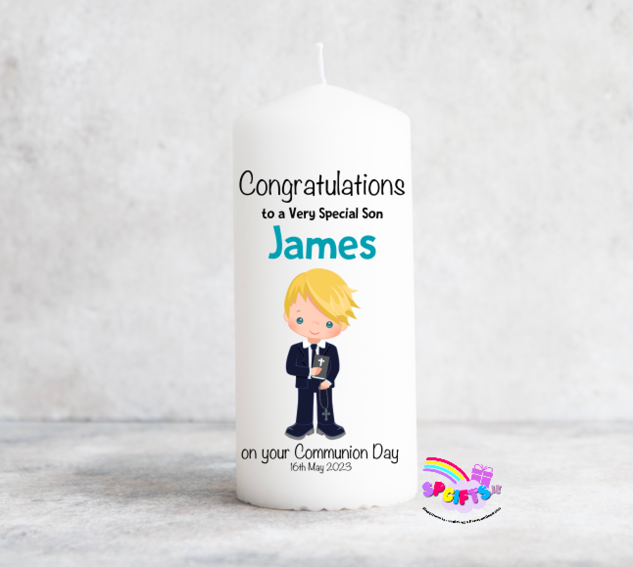 Boys Communion Candle  -  Blue Suit
