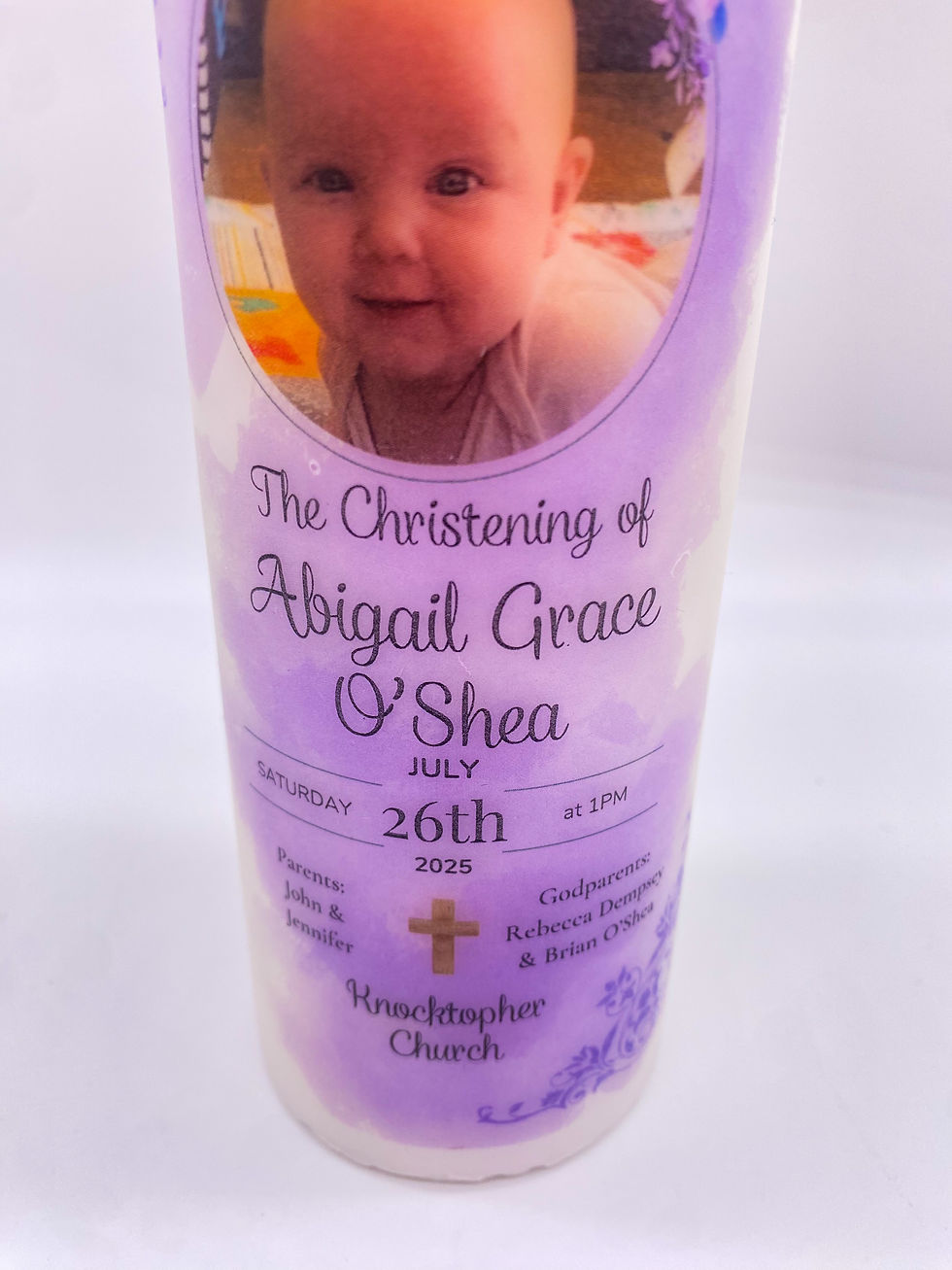 Thumbnail: Personalised Christening Candle - Lilac Delica Design