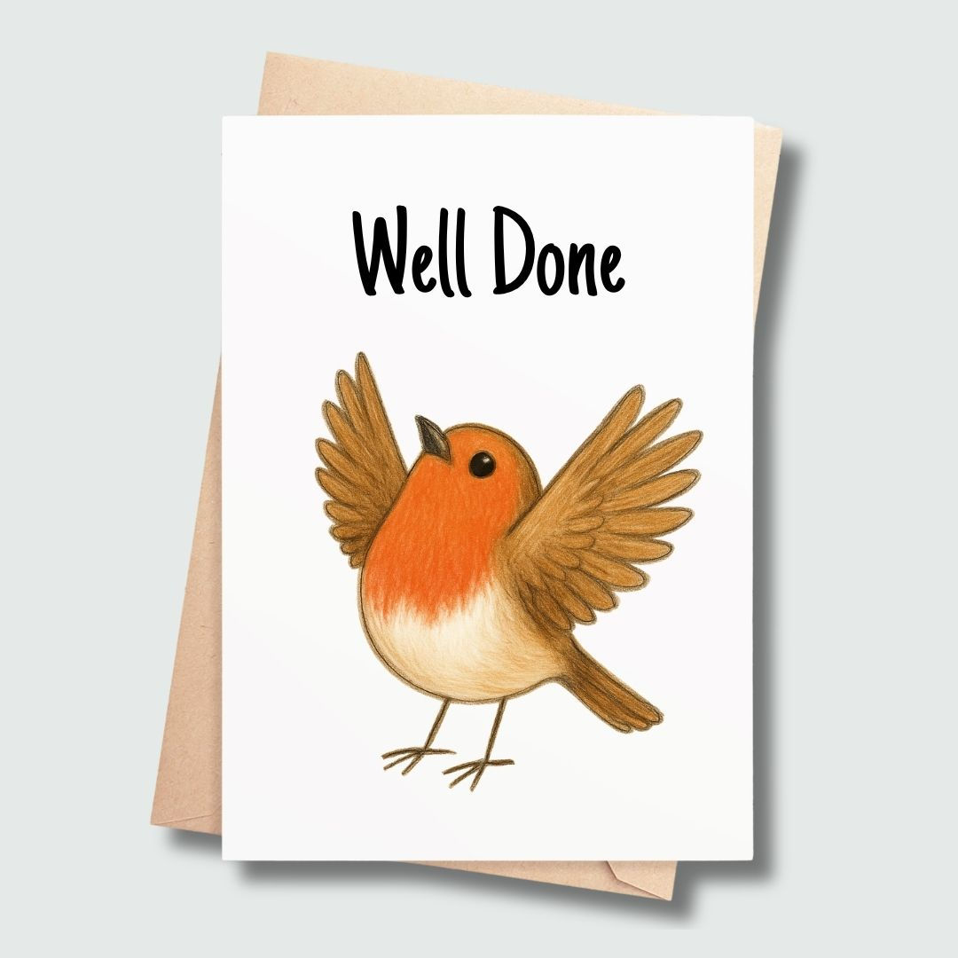 Well Done greeting card featuring Rory the Robin celebrating an achievement.