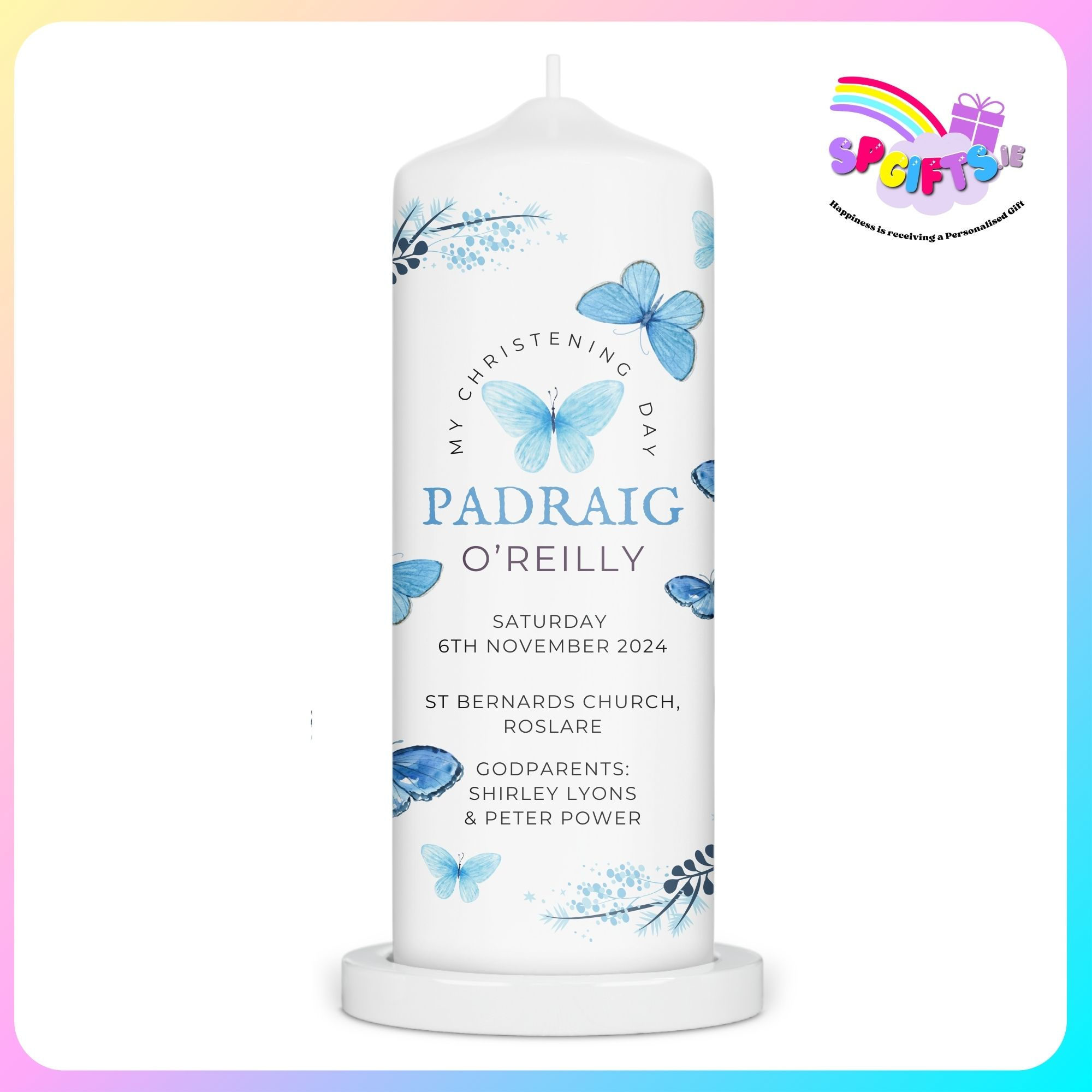 Boys Blue Butterfly Christening Candle for baptisms in Ireland