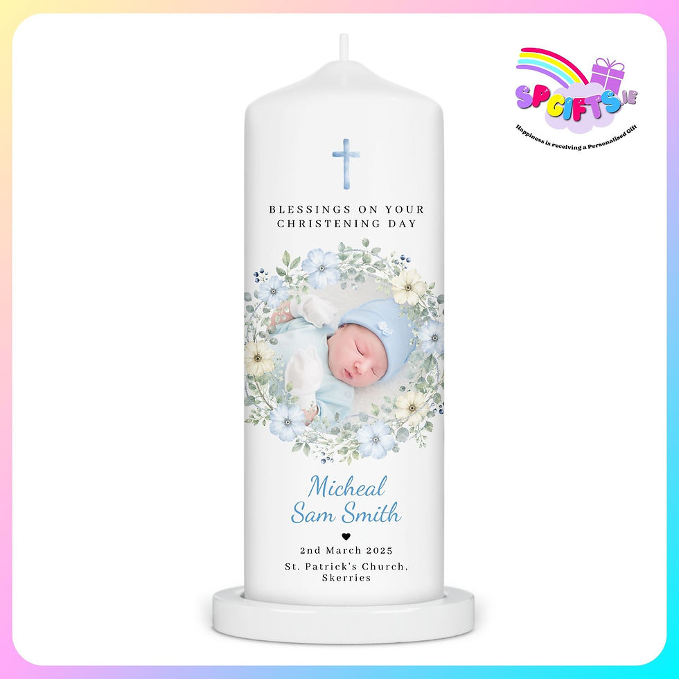 Blue floral personalised photo Christening candle for a boy displayed on a white background