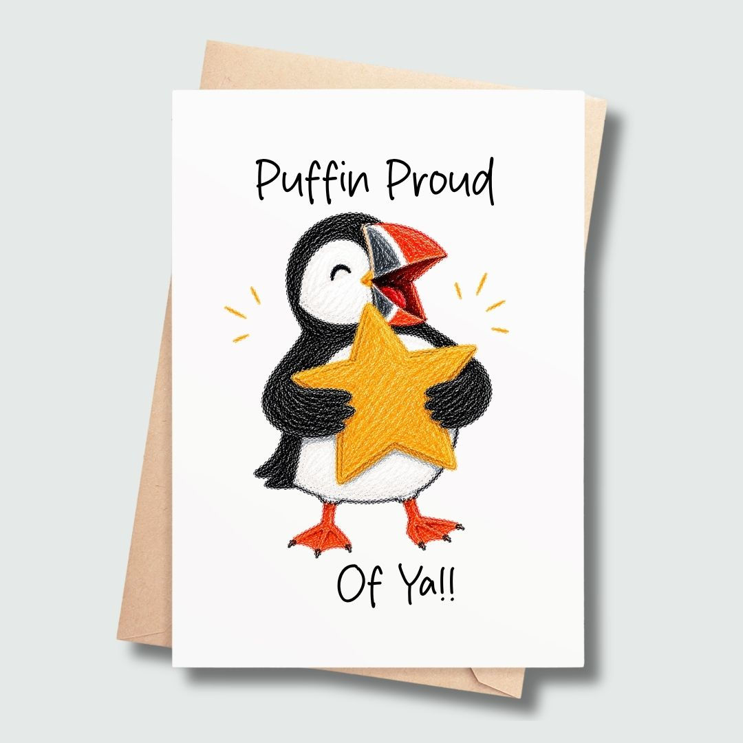 Congratulations card featuring Percy the Puffin holding a gold star and celebrating achievements.