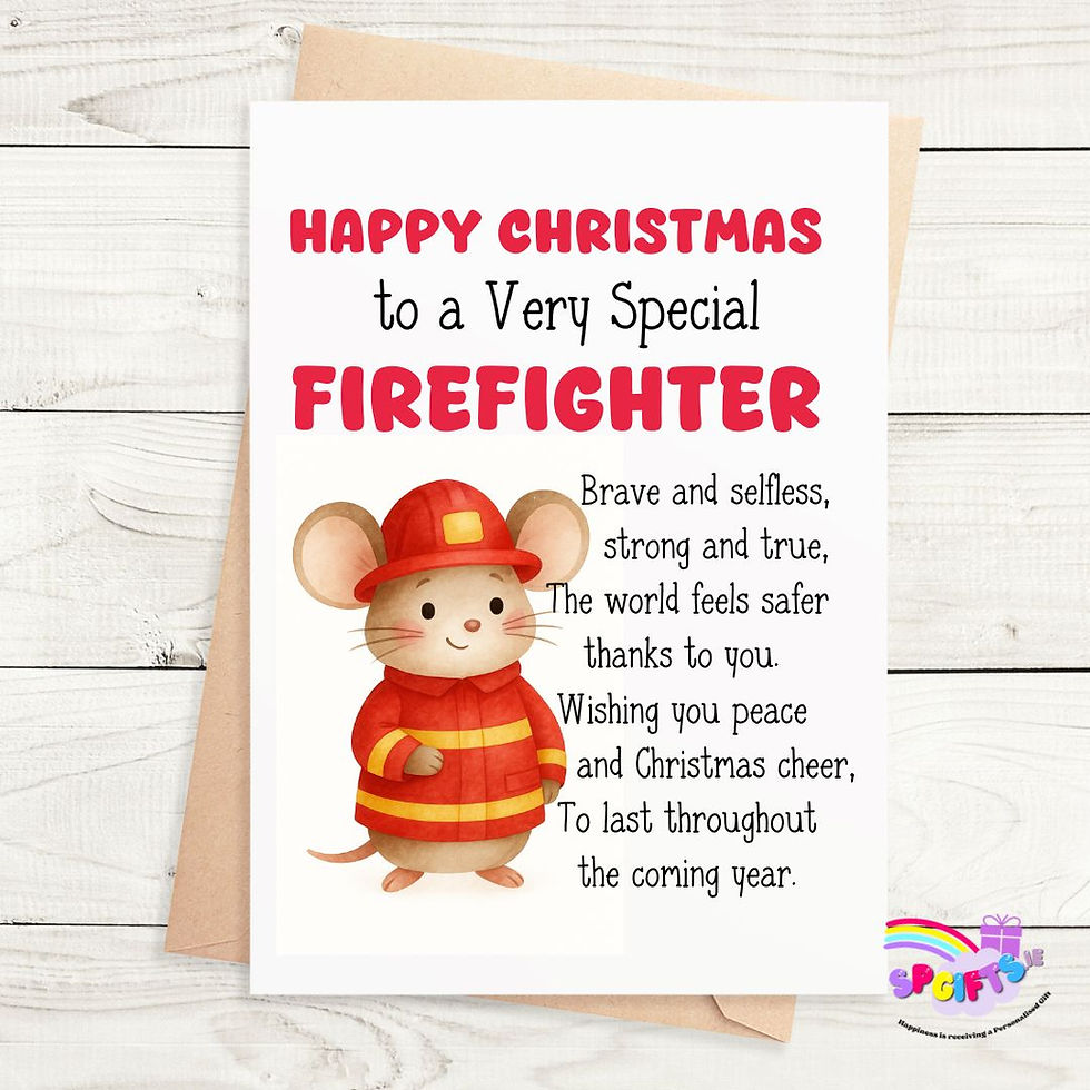 Personalised Irish firefighter Christmas card with cute festive mouse design by SP Gifts Ireland