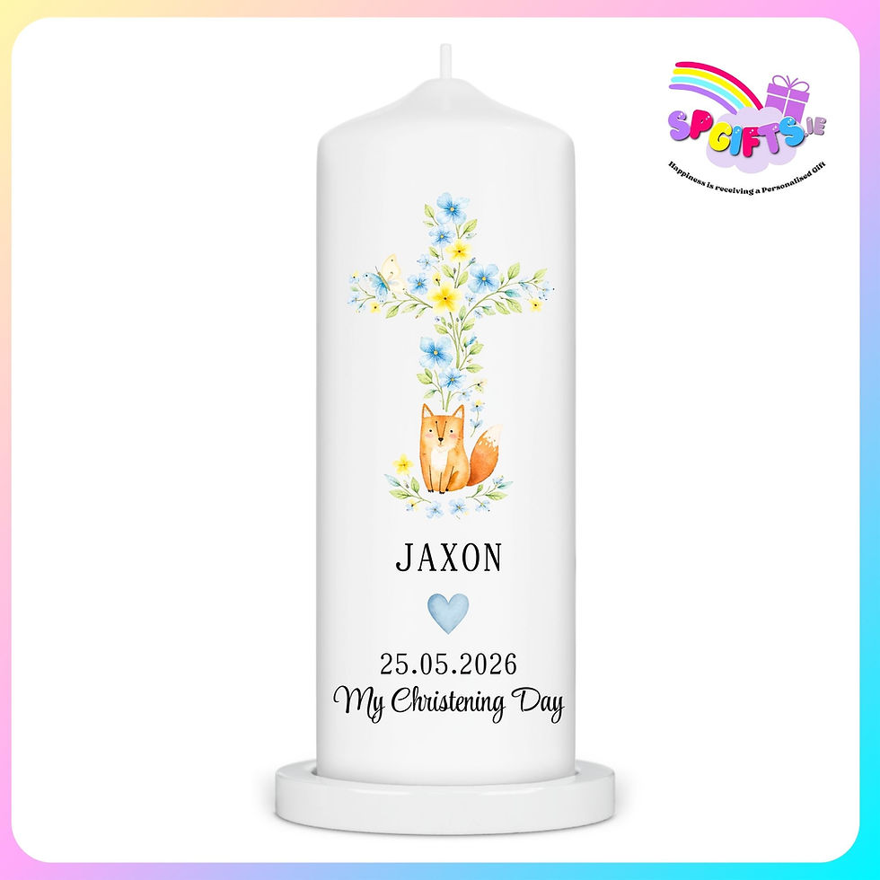Personalised boy’s Christening candle with woodland fox and floral cross design