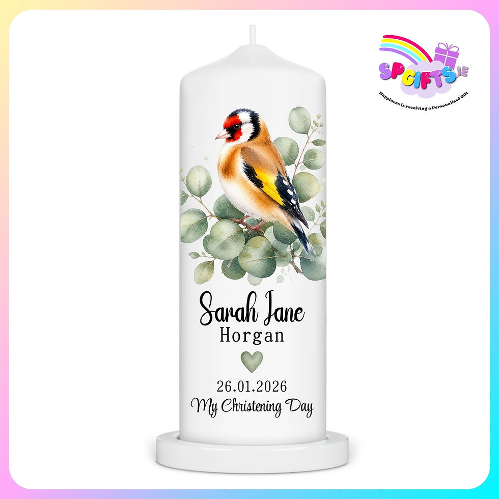 Personalised Goldfinch Christening candle with watercolour bird design for boys or girls, printed in Ireland by SP Gifts.