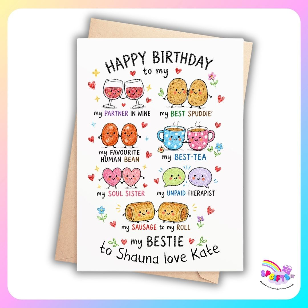 Personalised bestie birthday card featuring cute friendship doodles, funny wording and custom to and from names.