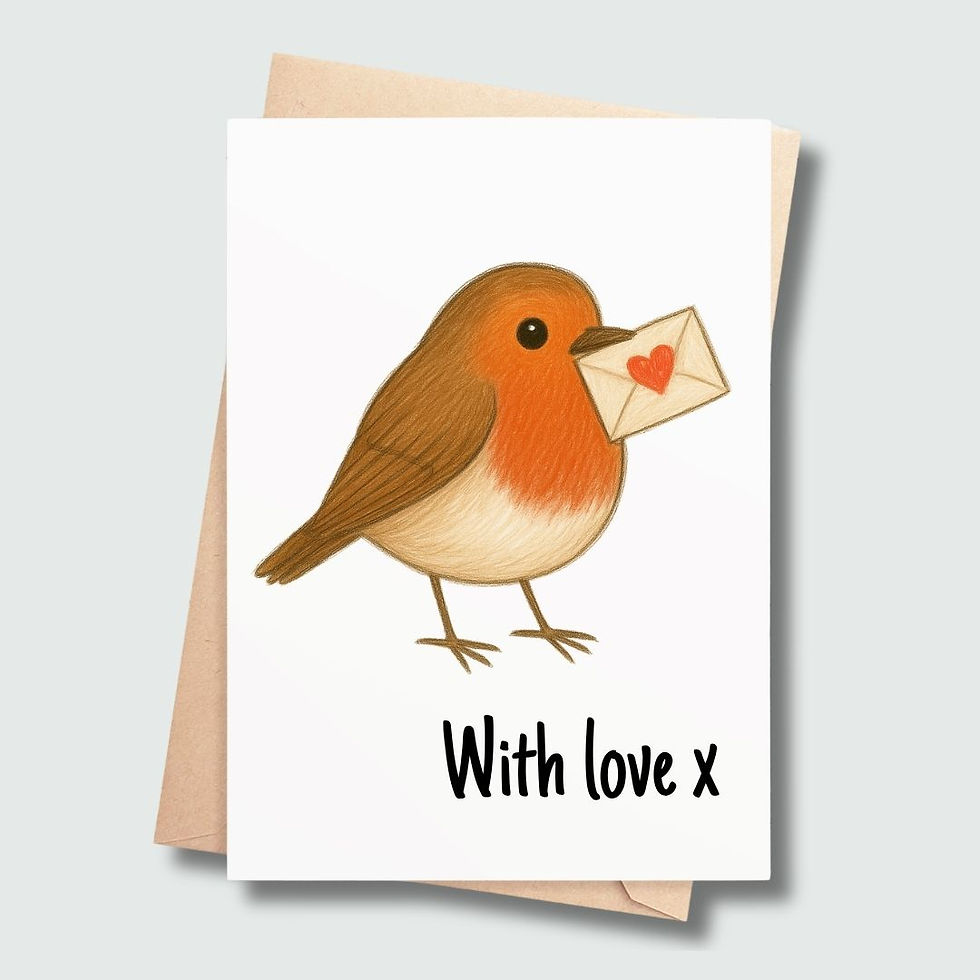 With Love greeting card featuring Rory the Robin carrying a love letter.