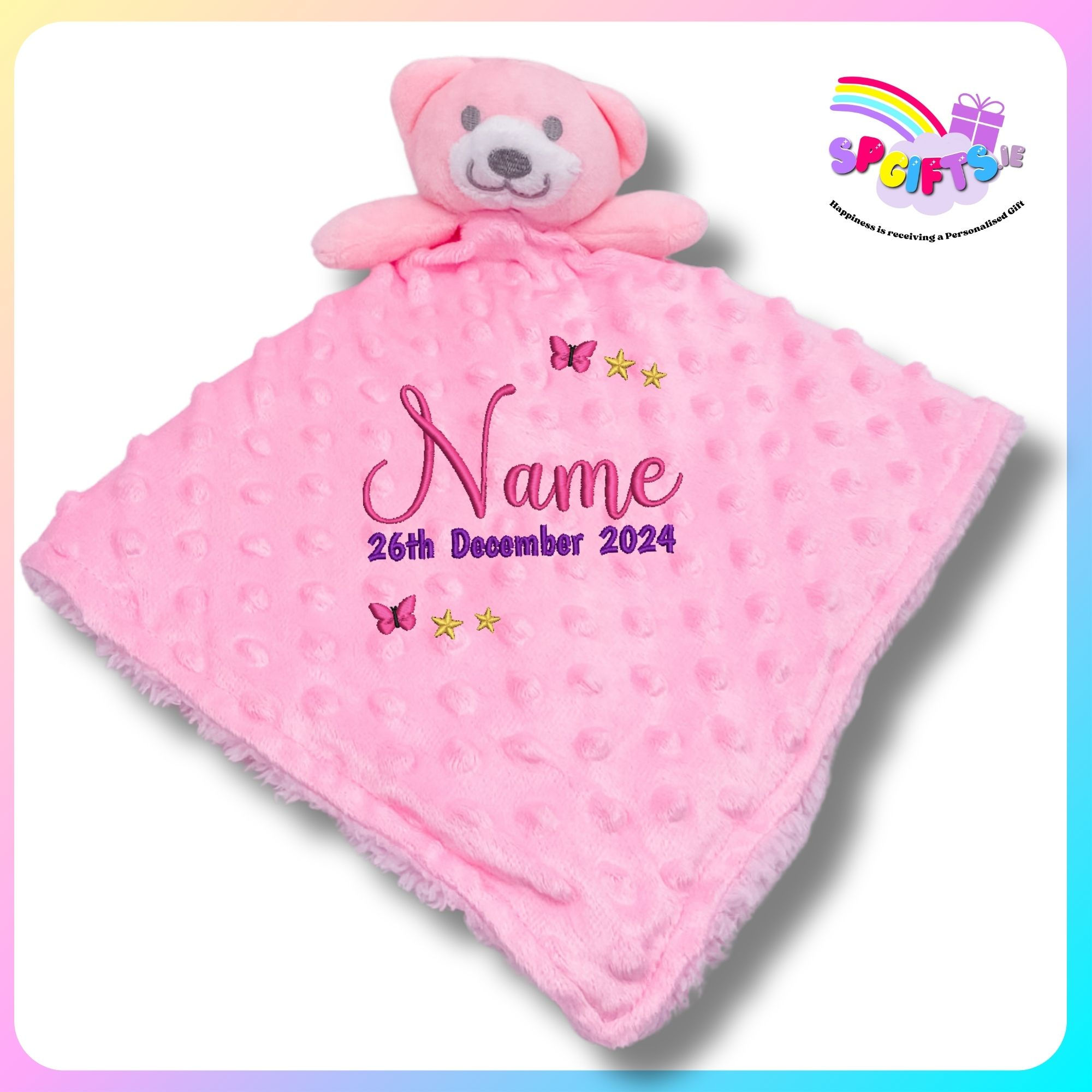 Personalised New Baby Comforter Ireland – Pink Dimple Bear Comforter