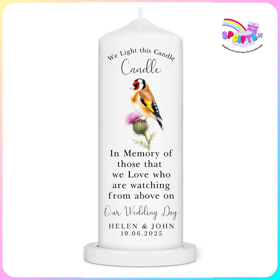 Personalised Goldfinch Wedding Memorial Candle with custom names and wedding date.