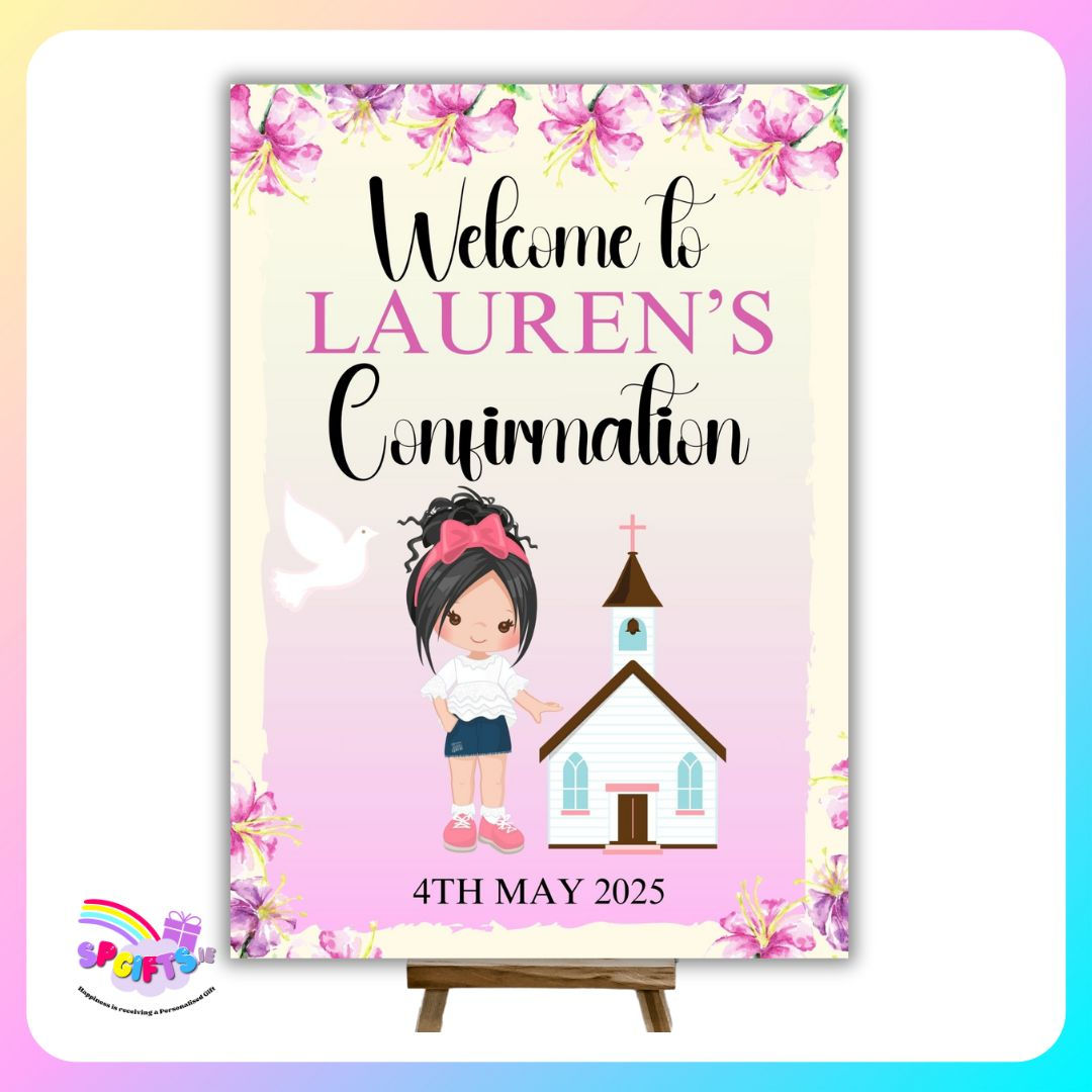 Personalised A4 Confirmation Welcome Sign with Custom Name & Church Illustration