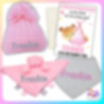 Personalised baby girl gift bundle with hat, bear comforter, grey bib & card – SP Gifts Ireland