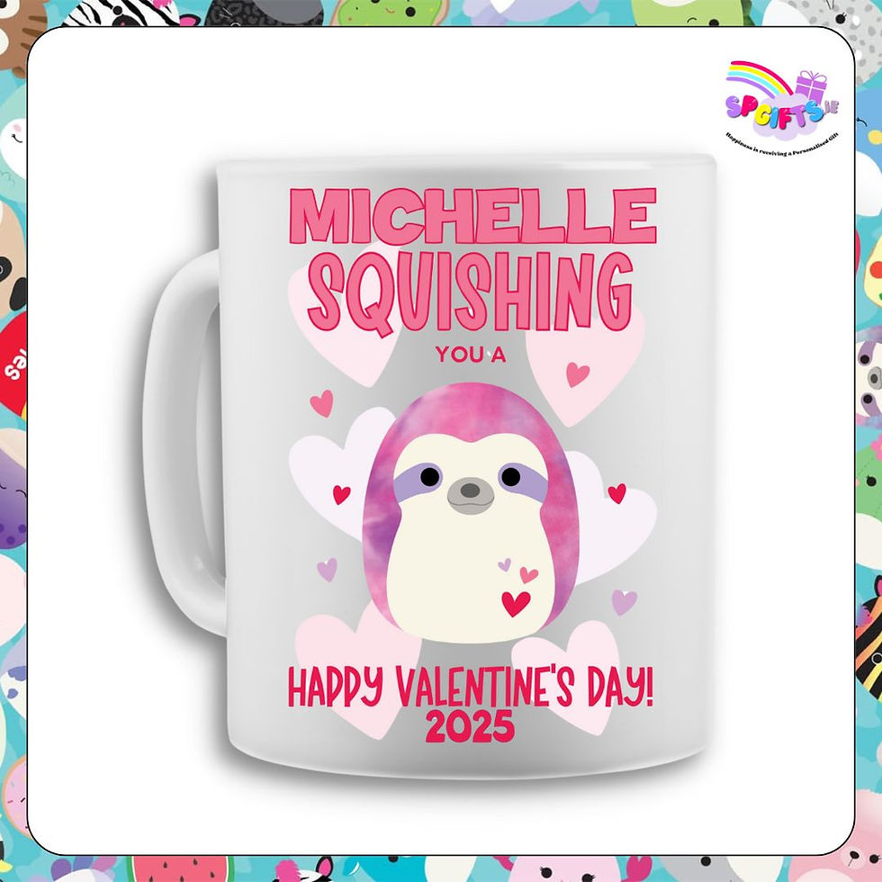 A white ceramic mug featuring a pastel pink and purple sloth Squish design