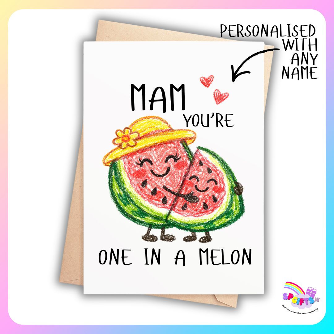 Personalised One in a Melon Mam Mother’s Day card with cute crayon watermelon illustration, customised with any name, Irish m