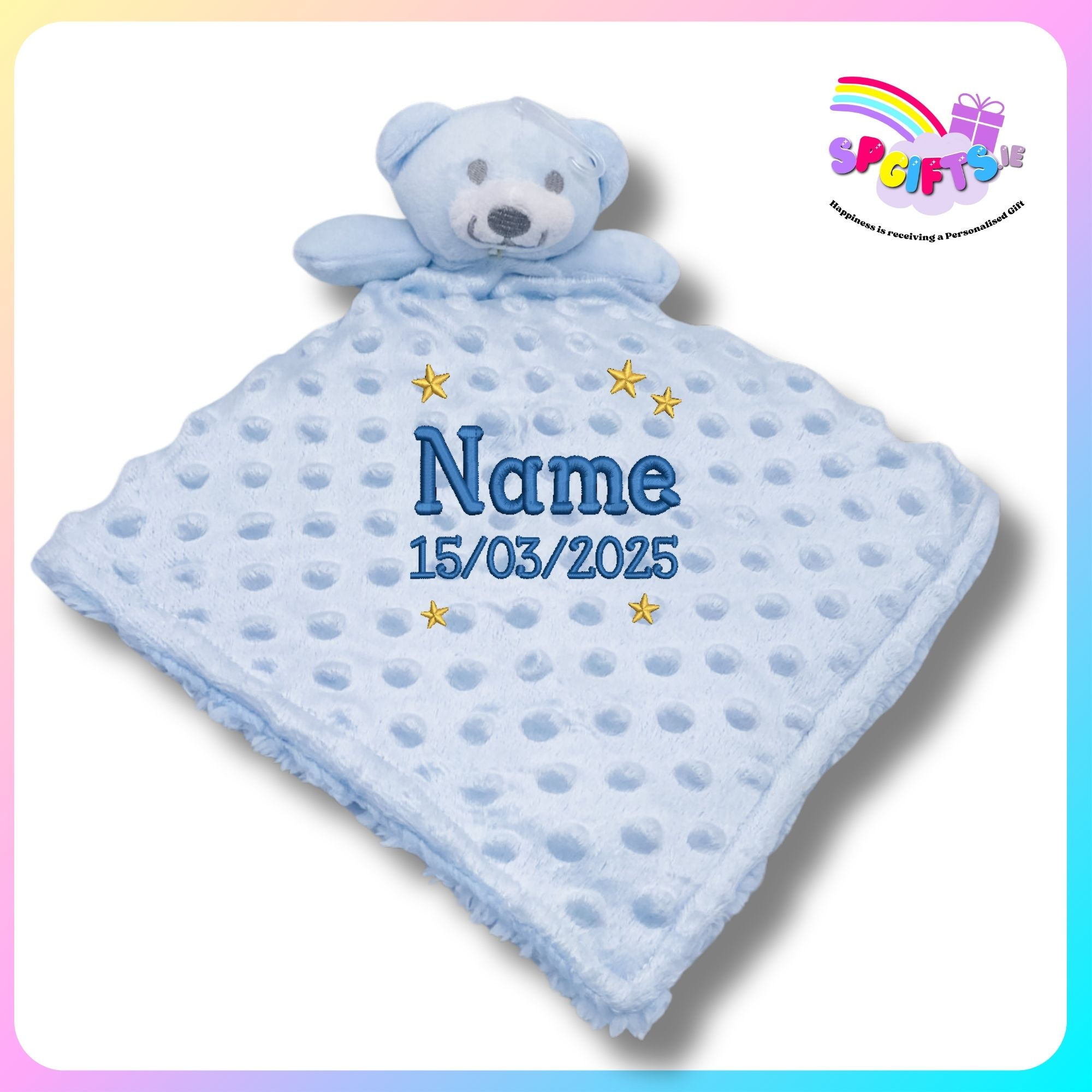 New Baby Comforter Personalised – Blue Dimple Bear