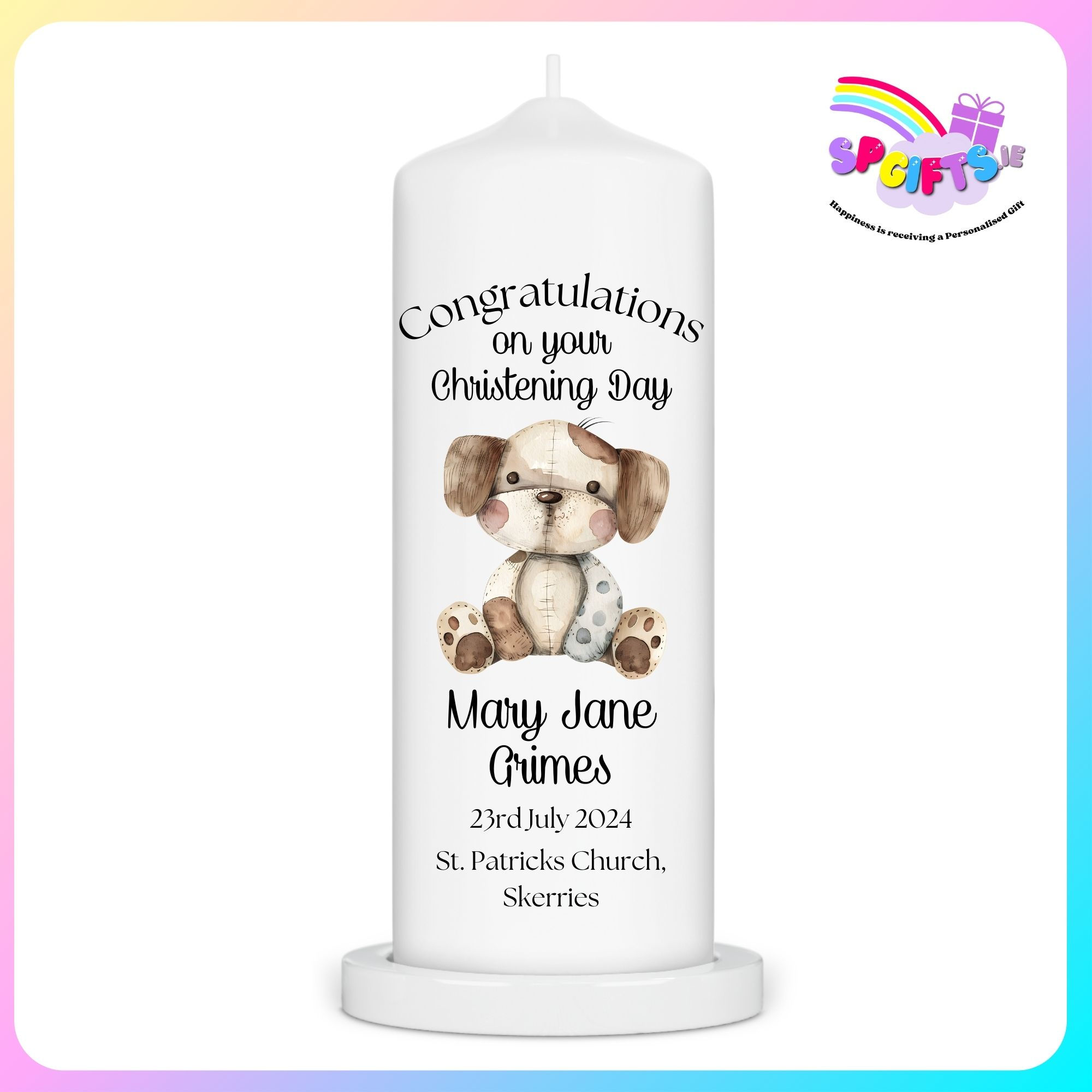 Christening Candle with a Vintage Plush Design with Delivery in Ireland