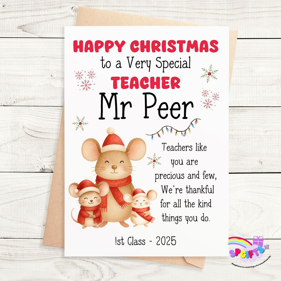 Personalised Christmas card for male teacher with festive mouse family design, SP Gifts Ireland