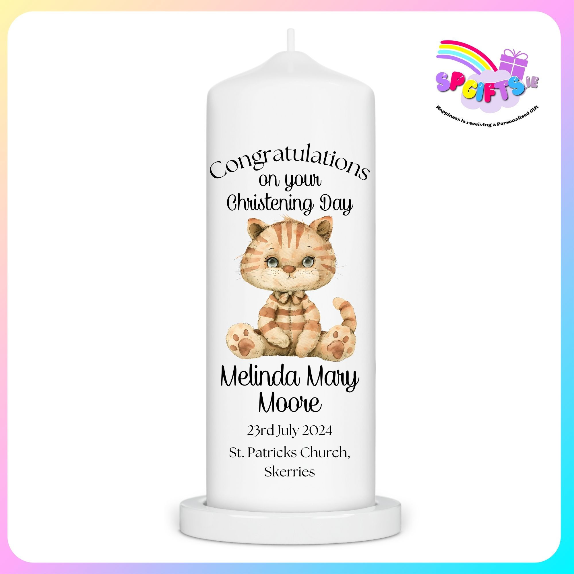 Christening Candle with a Vintage Plush Design with Delivery in Ireland