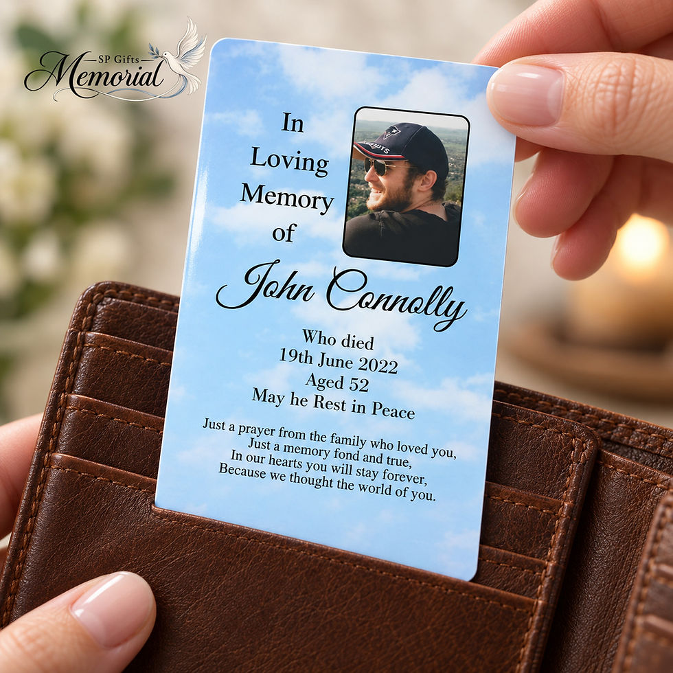 Personalised blue clouds memorial card shown fitting inside a wallet