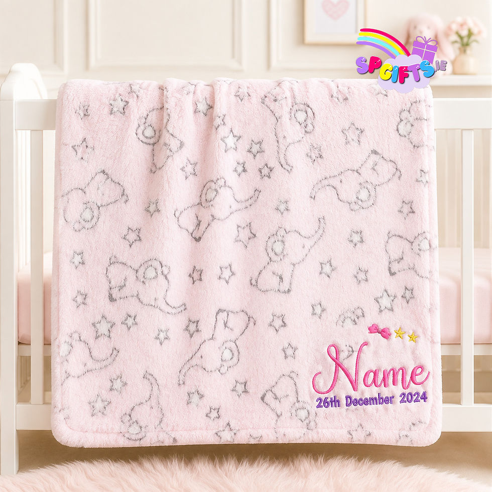 Personalised pink elephant baby blanket embroidered with baby's name and date of birth
