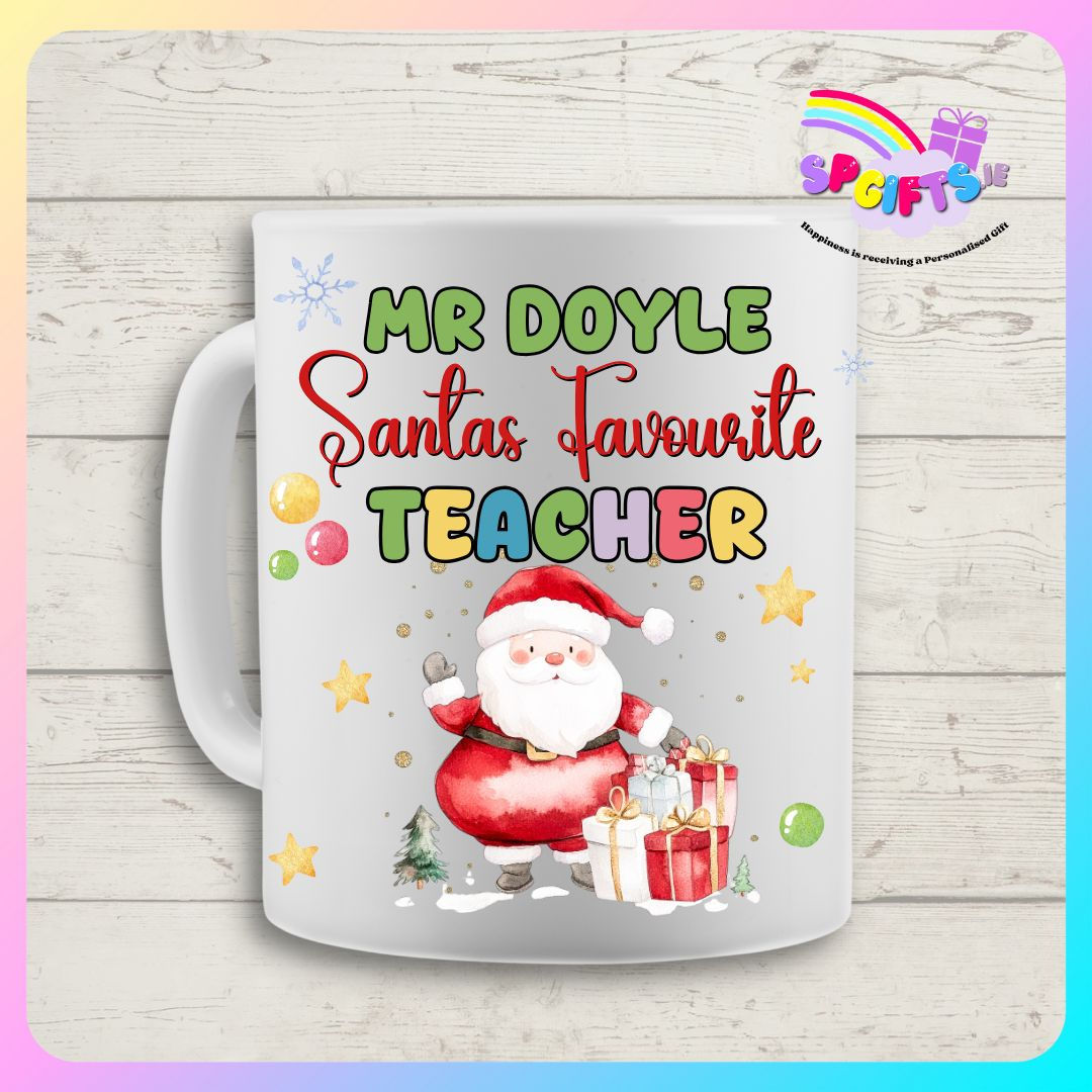 Personalised Santa’s Favourite Teacher Christmas Mug with Custom Name for Teacher Gift