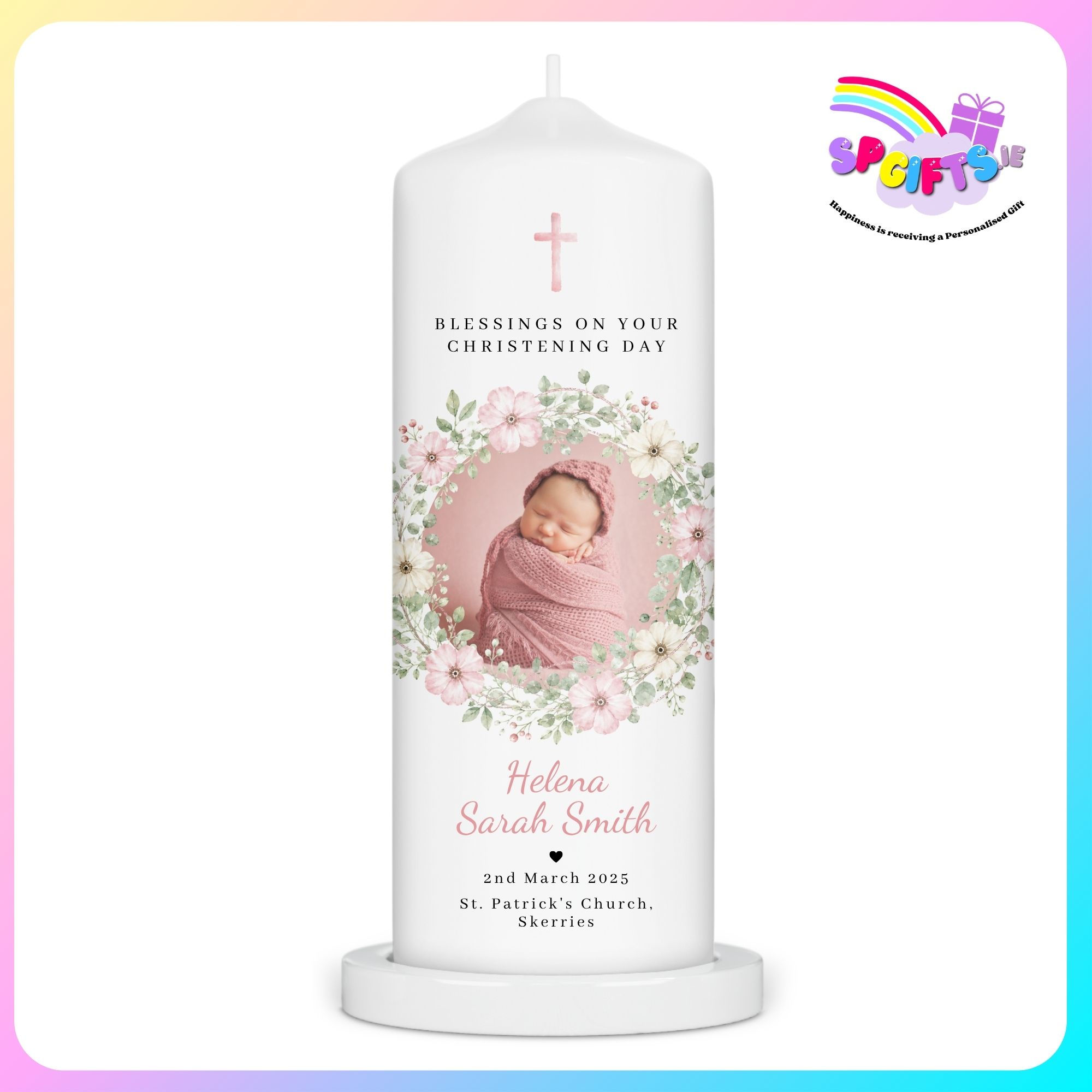 Personalised girls’ photo Christening candle with pink floral wreath, baby photograph, cross, name and ceremony details