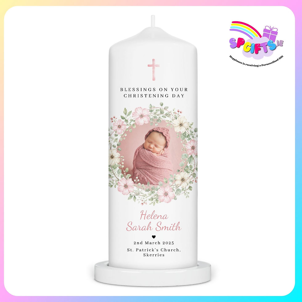 Personalised girls’ photo Christening candle with pink floral wreath, baby photograph, cross, name and ceremony details