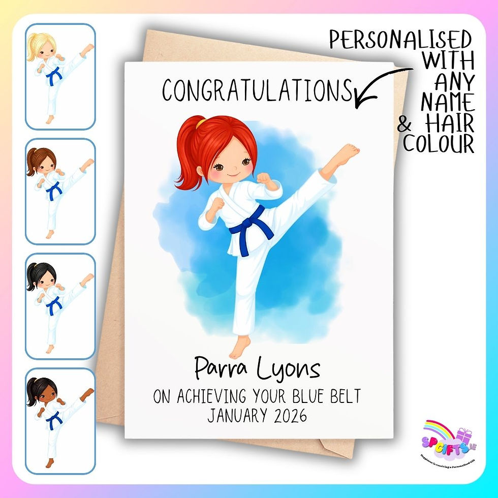 Personalised Taekwondo Blue Belt Card Ireland with custom name and hair colour martial arts achievement congratulations card