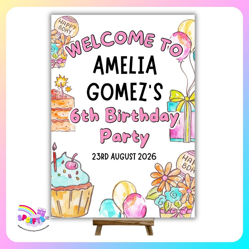 Personalised birthday welcome sign for girls Sweet Celebration design Ireland A4 glossy card with balloons cake and floral ar