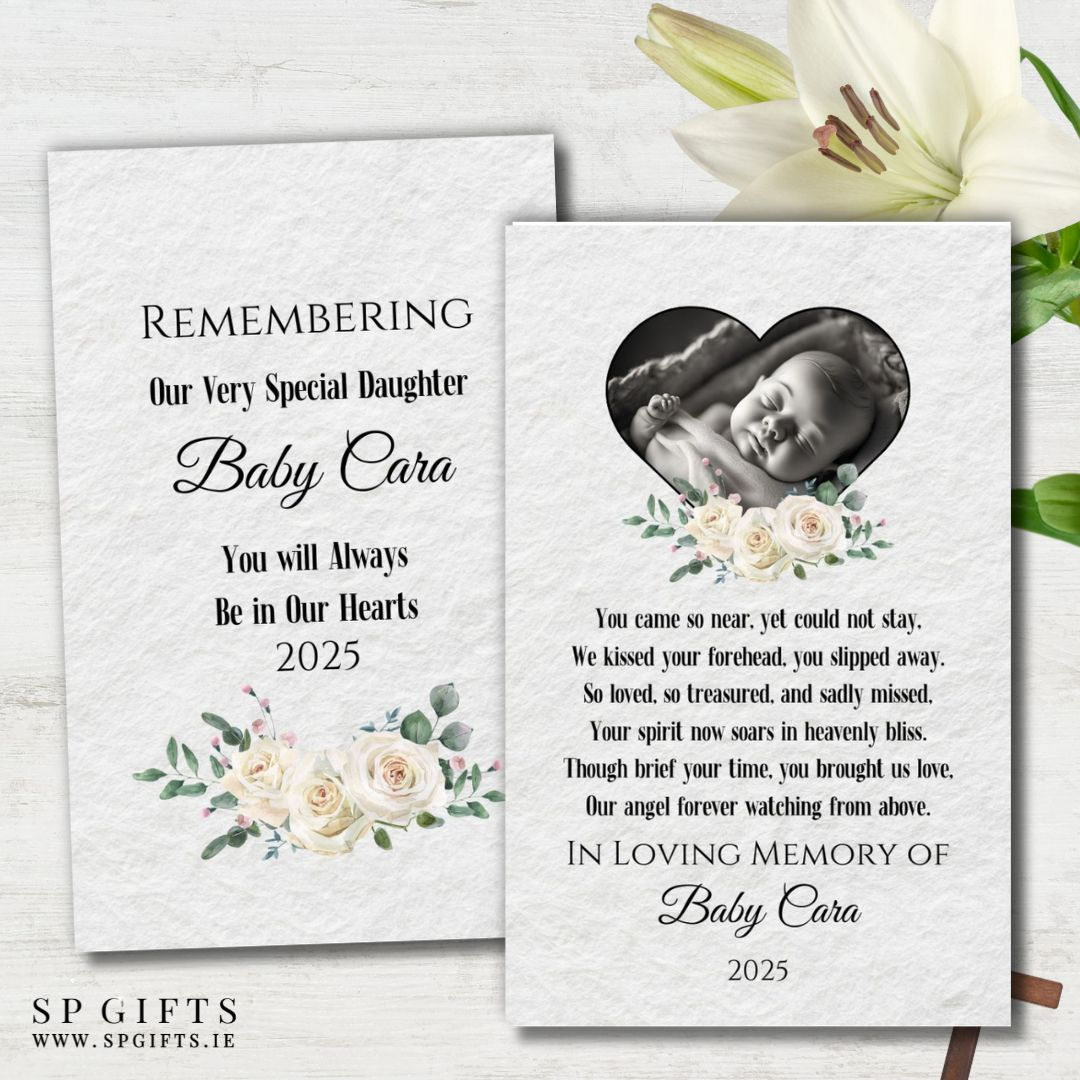 Personalised Baby Loss Memorial Card with floral design and heart-shaped photo frame
